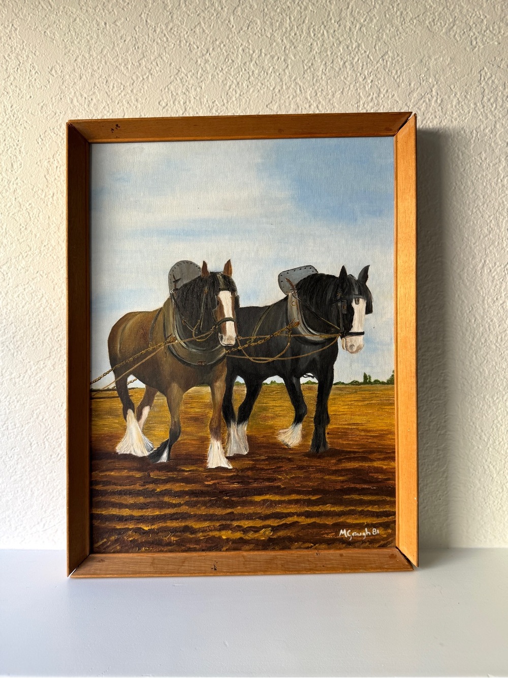 Original Vintage 1981 Signed English Oil Painting Horses British Farm Art